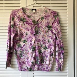 J Crew Cardigan - Violet Lilac Green Floral - Featherweight - 3/4 Sleeve - Small